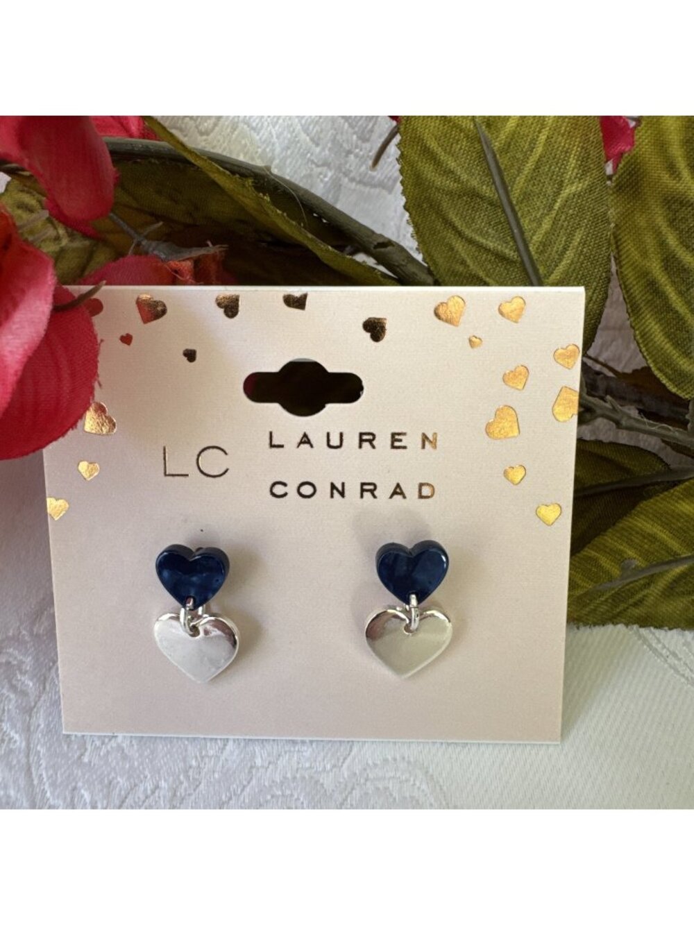 LC Lauren Conrad Dainty Earrings Tiny Dangle Hearts Blue Silver Tone NEW